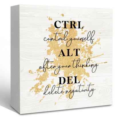 KFXHANGD Ctrl Alt Del Office Motivational Gold Wooden Box Sign Desk Decor, Inspirational Decorative Signs for Office and Bedroom, Positive Home Shelf Desk Decoration 5x5 Inch
