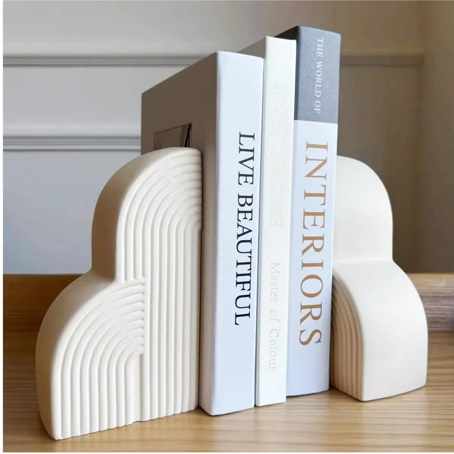 Bookends Decorative for Heavy Books - Aesthetic Boho Style, Cream White