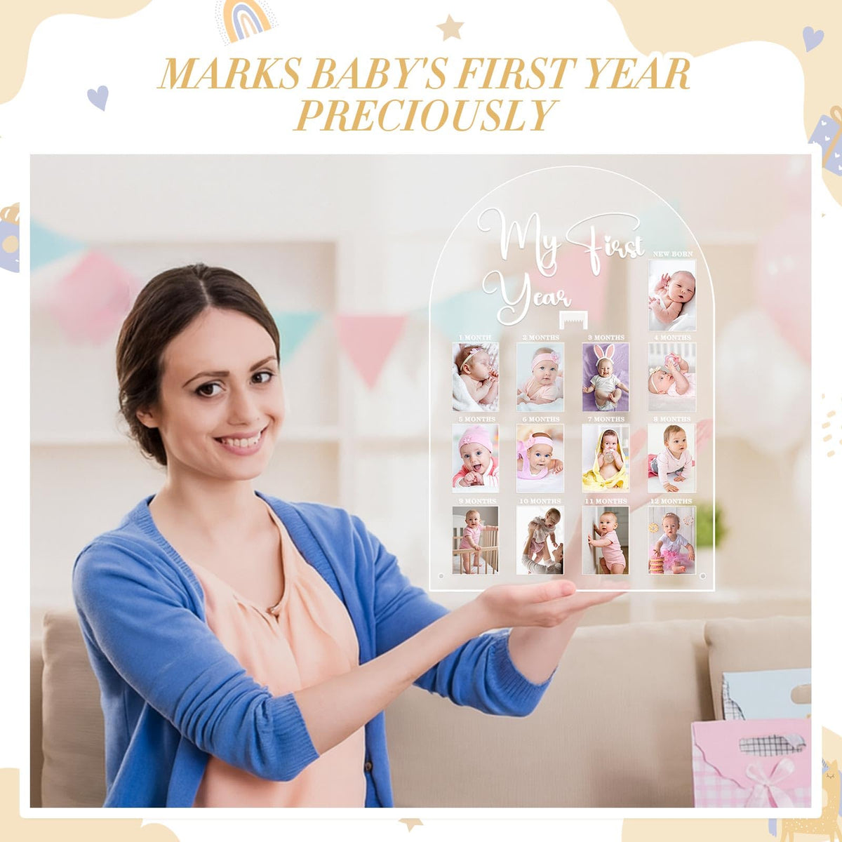Lineshading My First Year Photo Frame Acrylic 18 x 12 Inch Large 12 Monthly Milestone Photo Board Picture Frame Display Hanging/Standing Baby Memories Collage Gift for 1st Birthday Newborn Keepsake