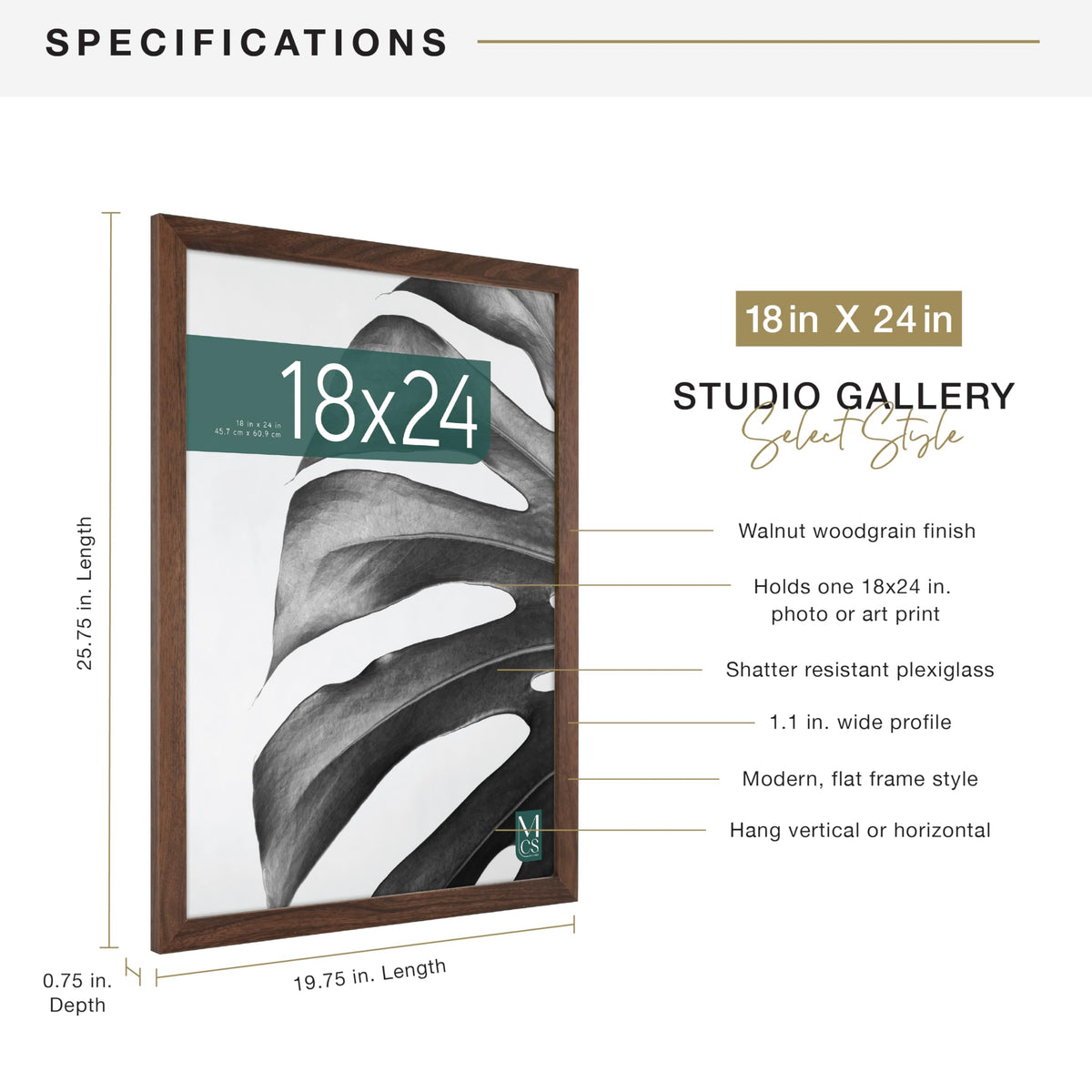 MCS Studio Gallery 18x24 Poster Frame Walnut Woodgrain Engineered Wood, Vertical & Horizontal Wall Hanging Large Picture Frame for Photos, Posters & Art Prints (1-Pack)