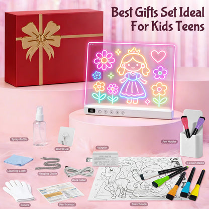 16" Rechargeable LED Drawing Board for Kids, Doodle LED Note Board with Colors, Neon Light Up Drawing Board with Markers&Tracing Paper, Creative Easter Birthday Christmas Gift Ideas