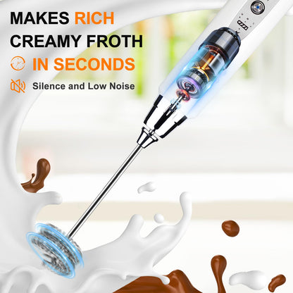 YUSWKO Black Handheld Milk Frother Wand for Coffee, Rechargeable Electric Whisk with 3 Heads 3 Speeds Drink Mixer Coffee Frother For Latte, Cappuccino, Hot Chocolate, Egg