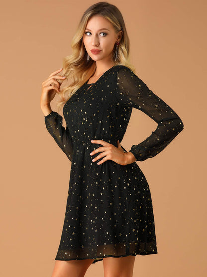 Allegra K Women's Choker V Neck Gilding Metallic Star Halloween Party Flared A-Line Dress Medium Black