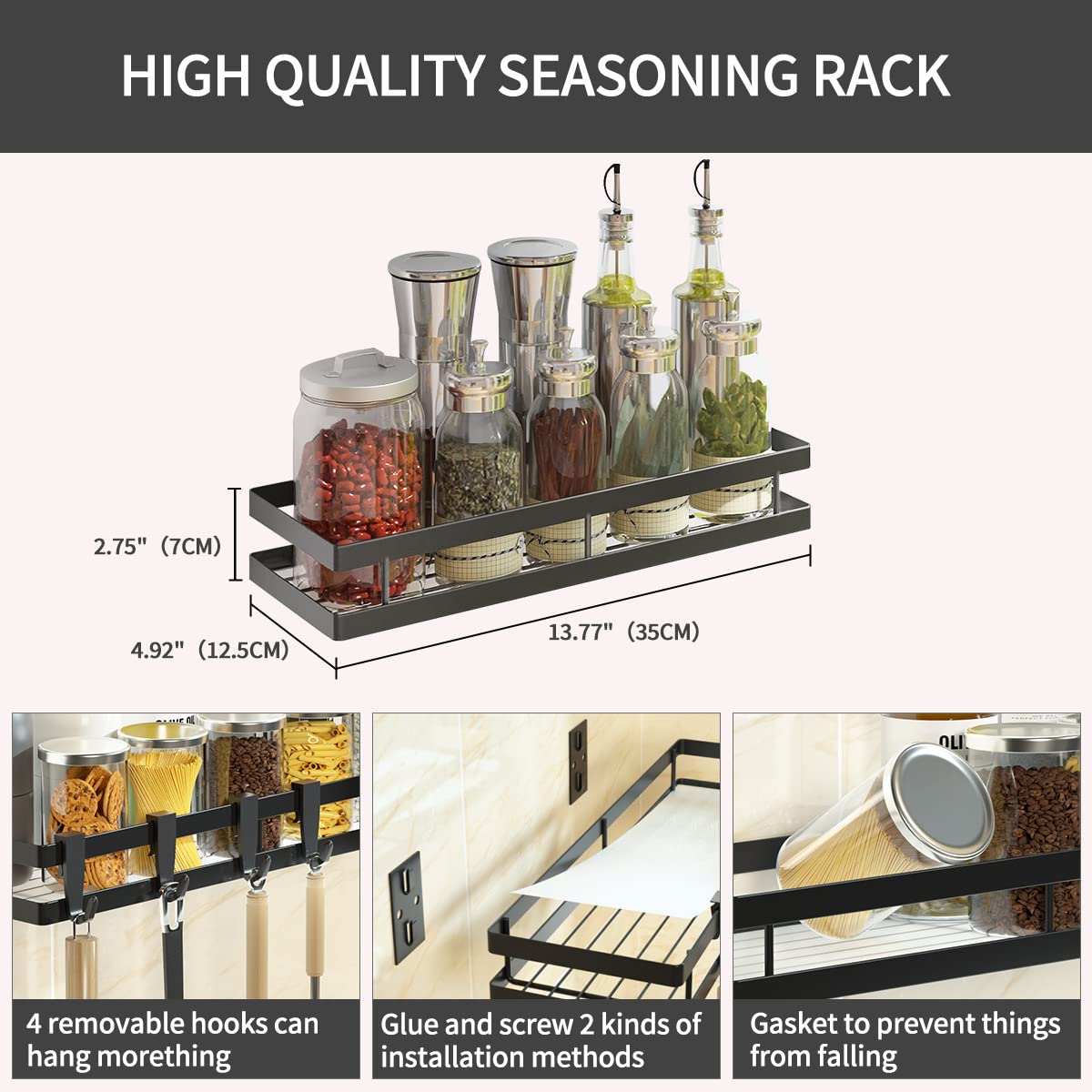 PINNIYOU Spice Rack Organizer Wall Mount, 14" Hanging Black Spice Organizer Shelf, 2 Pack Farmhouse Seasoning Organizer, Spice Shelves Holder for Kitchen, Flexible Bathroom Organizer