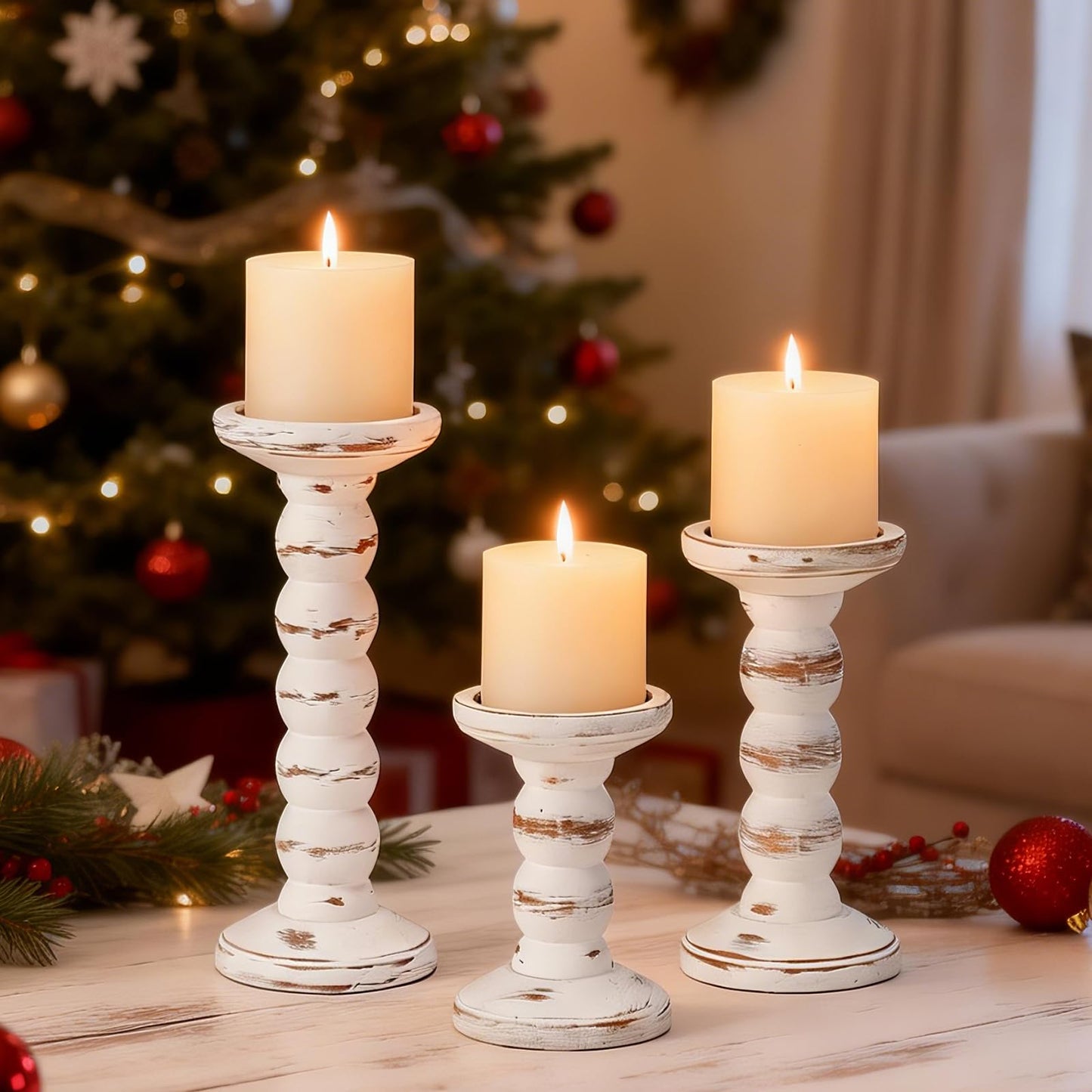 HuiDao Wood Candle Holder, 3Pcs Rustic White Candle Holders for Pillar Candles, Solid Wood Decorative Candle Holders Distressed Wooden Farmhouse Candle Holder Large for Fireplace Table