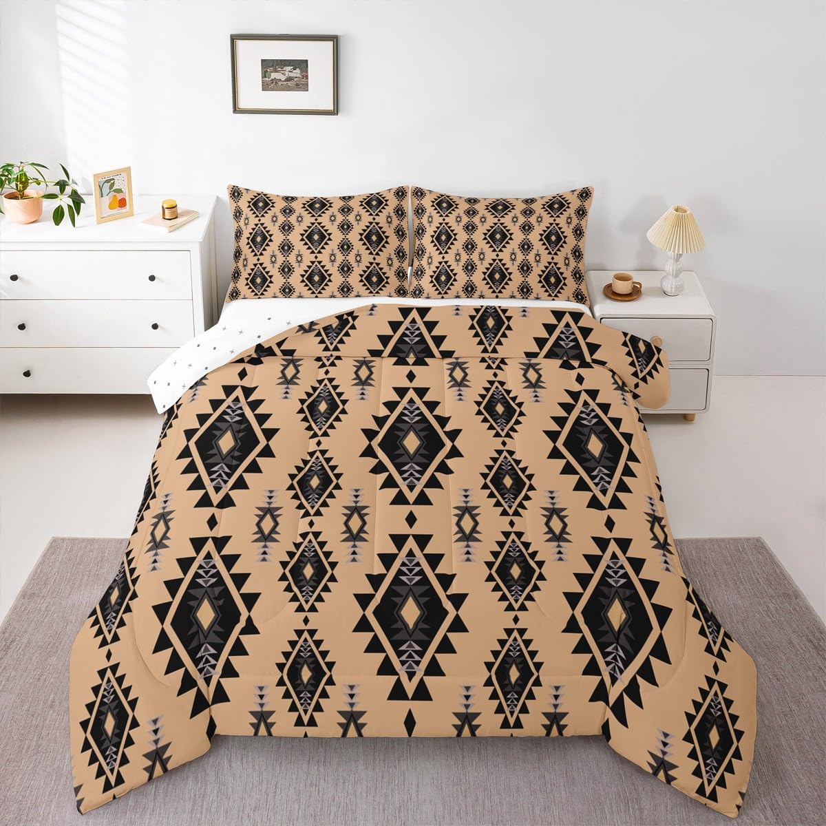 jejeloiu Boho Western Comforter Set Queen Size Bohemian Southwestern Bedding Set for Kids Boys Girls Aztec Decor Duvet Quilt Country Bedroom Farmhouse 3 Pcs with 2 Pillow Cases