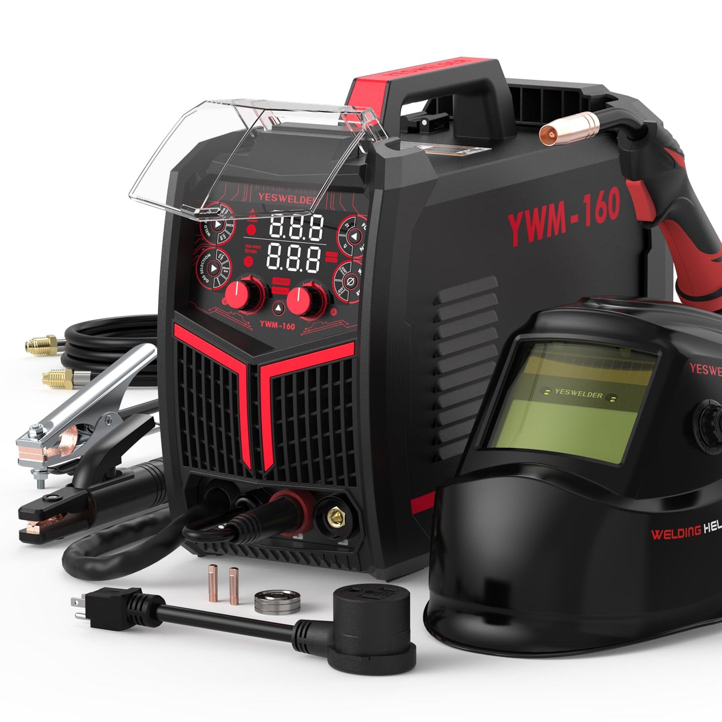 YESWELDER YWM-160 MIG Welder, 4-in-1 Flux Core/MIG/Lift TIG/Stick, Synergic Control 110V/220V 160A Multiprocess Welding Machine & LYG-L600A Auto Darkening Blue Light Blocking Welding Helmet