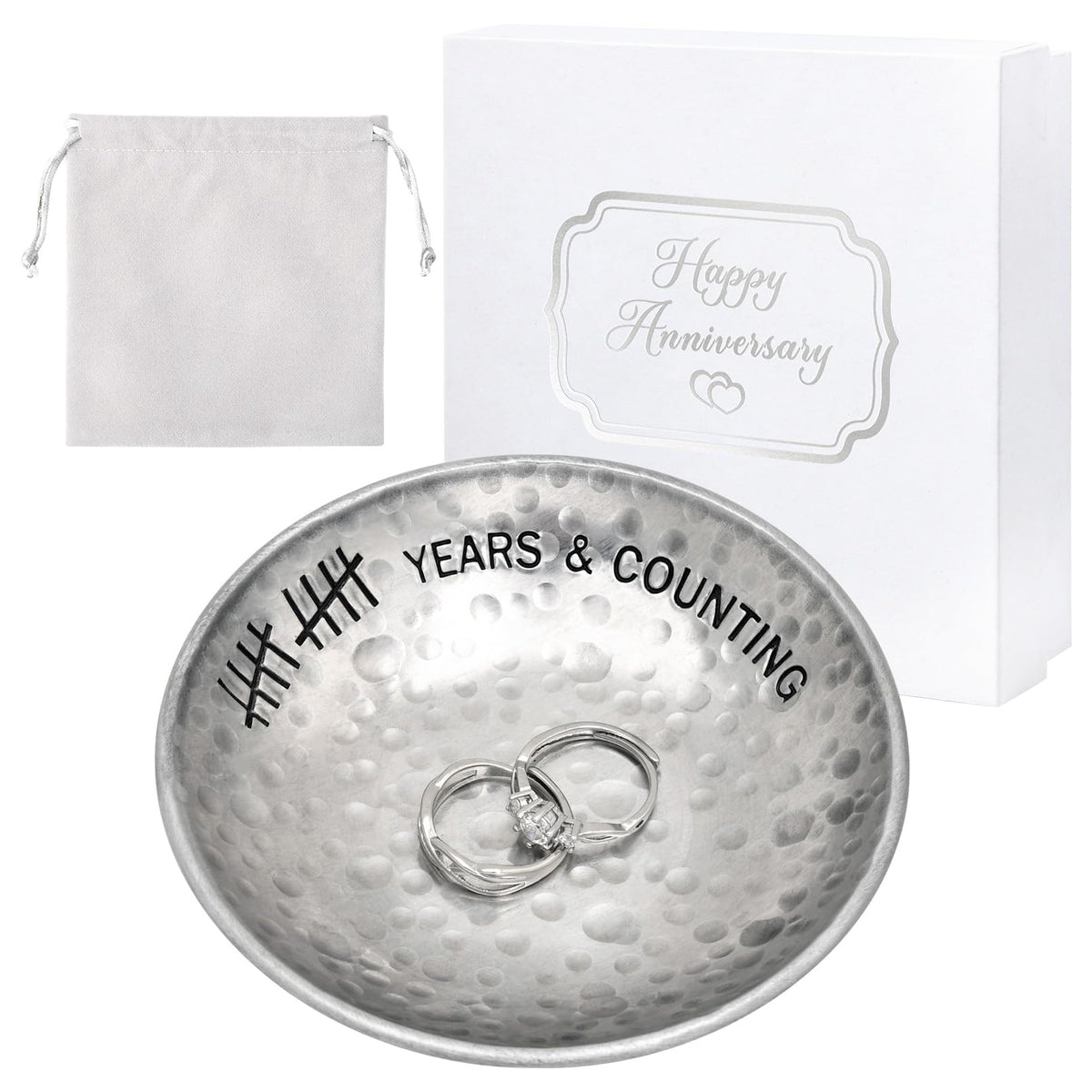 CEELGON 10 Year Wedding Anniversary Tin Gifts - 4" Tin Jewelry Tray Engraved Aluminum Decorative Dish for Couple
