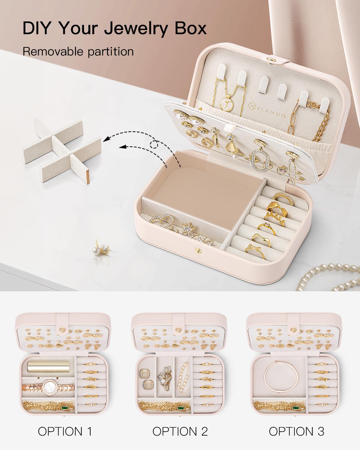 VLANDO Travel Jewelry Case, PU Leather Travel Jewelry Box with Earring Holder, Portable Display Small Jewelry Box for Mothers Day Women Girls Gift - Pink