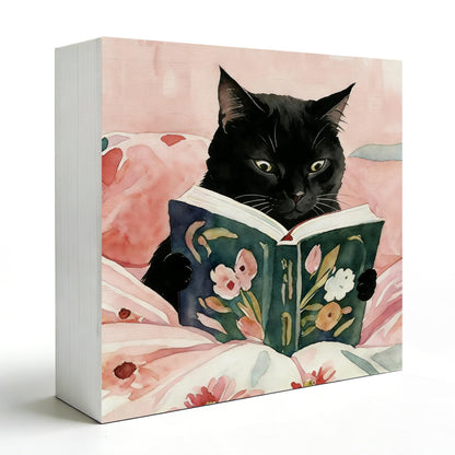 NHGMHBD Funny Black Cat Reading Book Wooden Box Sign 5x5 Inch, Reading Room Nook Corner Decor, Pink Bookish Kitten Decorative Wood Signs for Library Book Room Nook Home Desk Tabletop Shelf Decorations