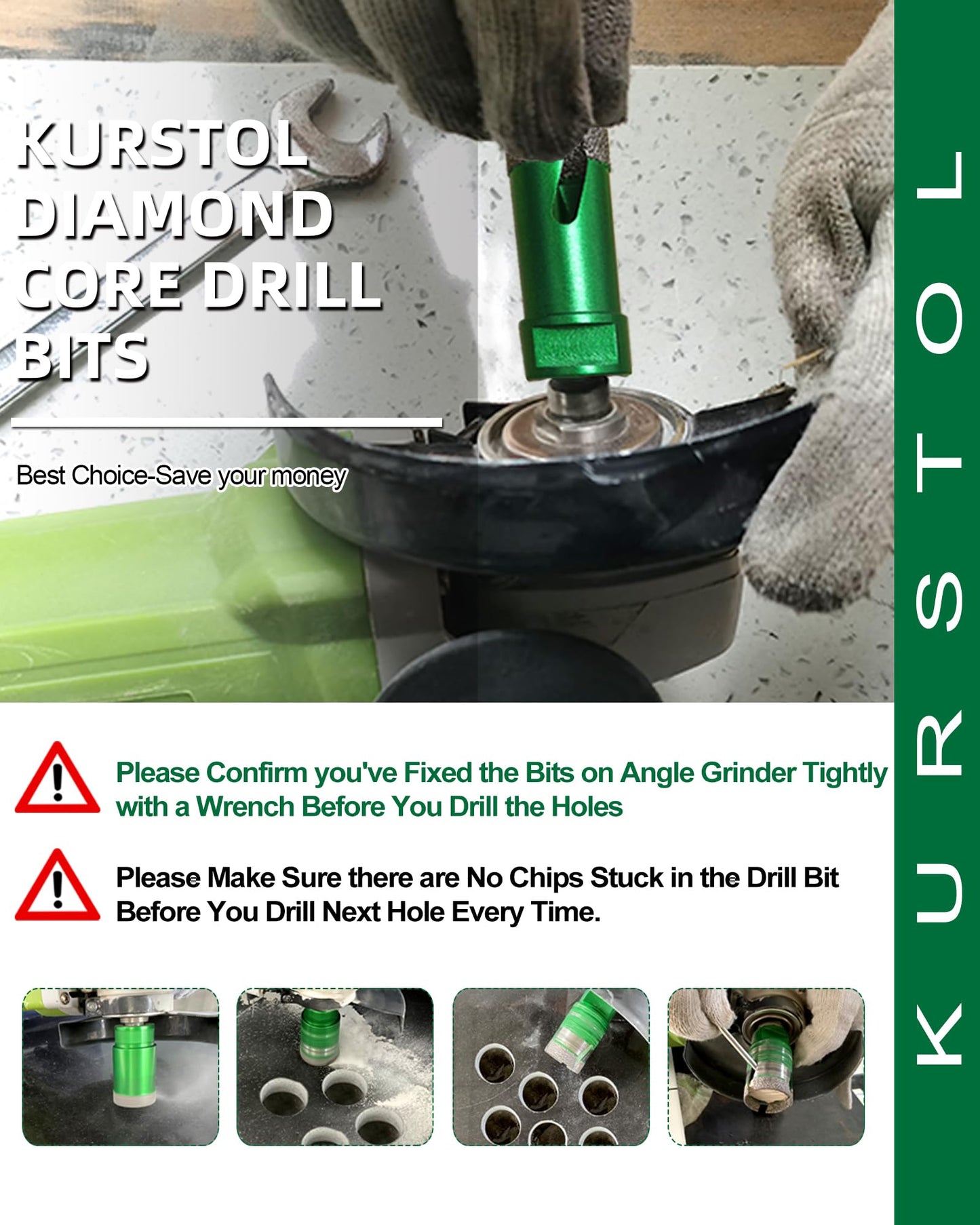 Tile Hole Saw Kit 14pcs- KURSTOL Diamond Core Drill Bits 6/6/8/20/25/35/50/75/100MM+4/5'' Finger Bit+2'' Chamfer Bit+4-1/2'' Saw Blade+SDS/HEX for Tile Porcelain Ceramic Granite Marble