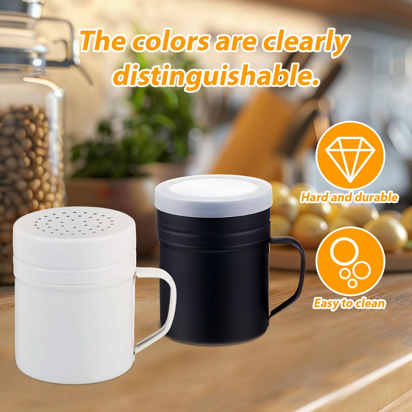 Acellegic 2 Pcs 10oz Stainless Steel Dredge Shaker Salt and Pepper Shakers with Handle and Plastic Cap Kitchen Spice Bottles Household Seasoning Jar For Salt Spice Sugar Flour