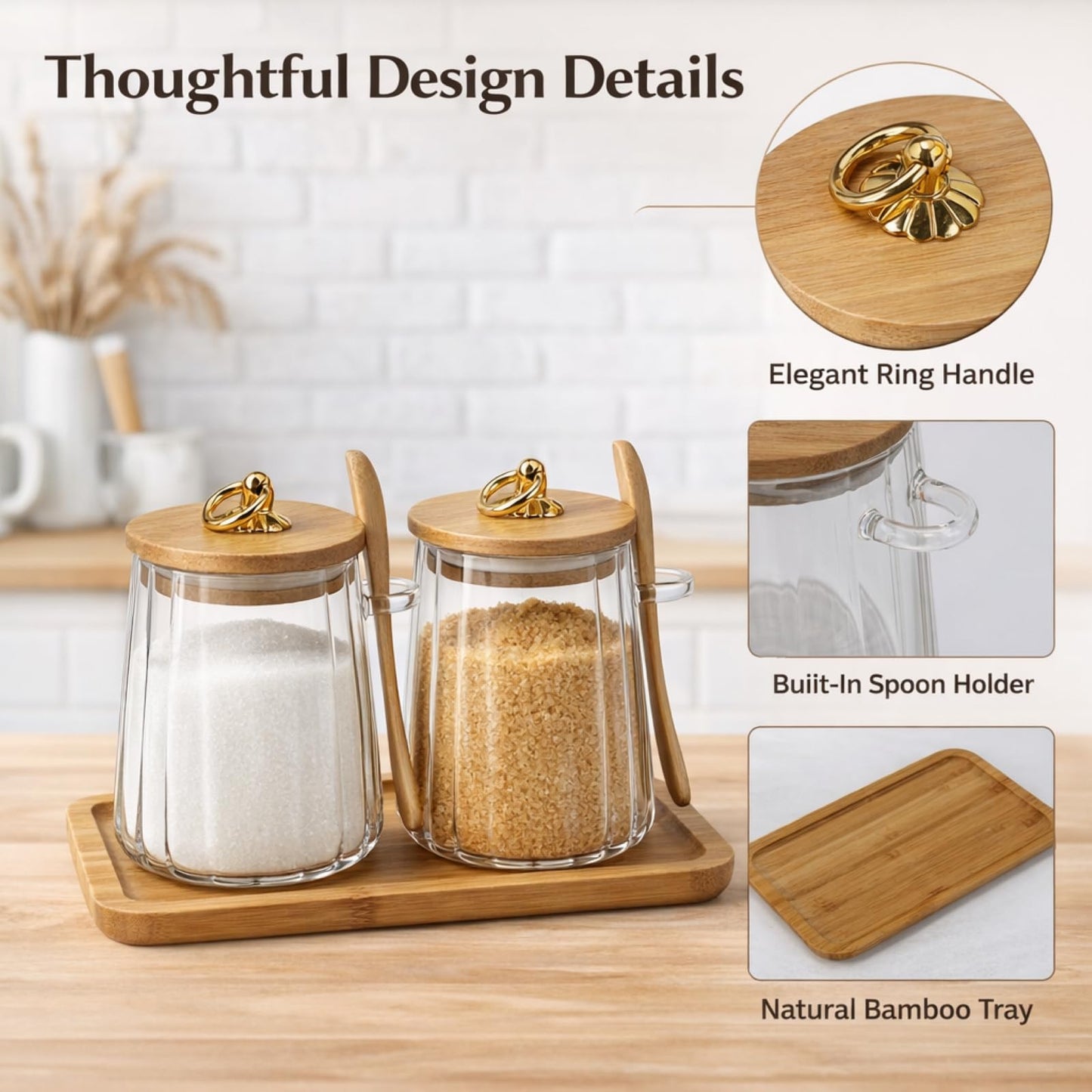 Mowhut Sugar Container,22 FL OZ Airtight Sugar Bowl,Coffee Bar Accessories,Overnight Oats Salt Cookie Coffee Bean Candy Containers with Bamboo Lids Spoon and Pallet,Wide Mouth Glass Jar