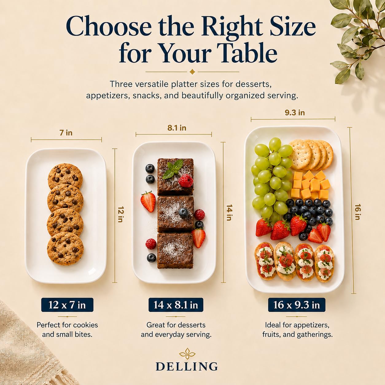 DELLING Large Serving Platter Set of 3, 16/14/12 Inch Porcelain Serving Trays for Party - White Ceramic Rectangular Platters for Entertaining, Appetizer Fruit Tray for Father's Day Shower Dinner