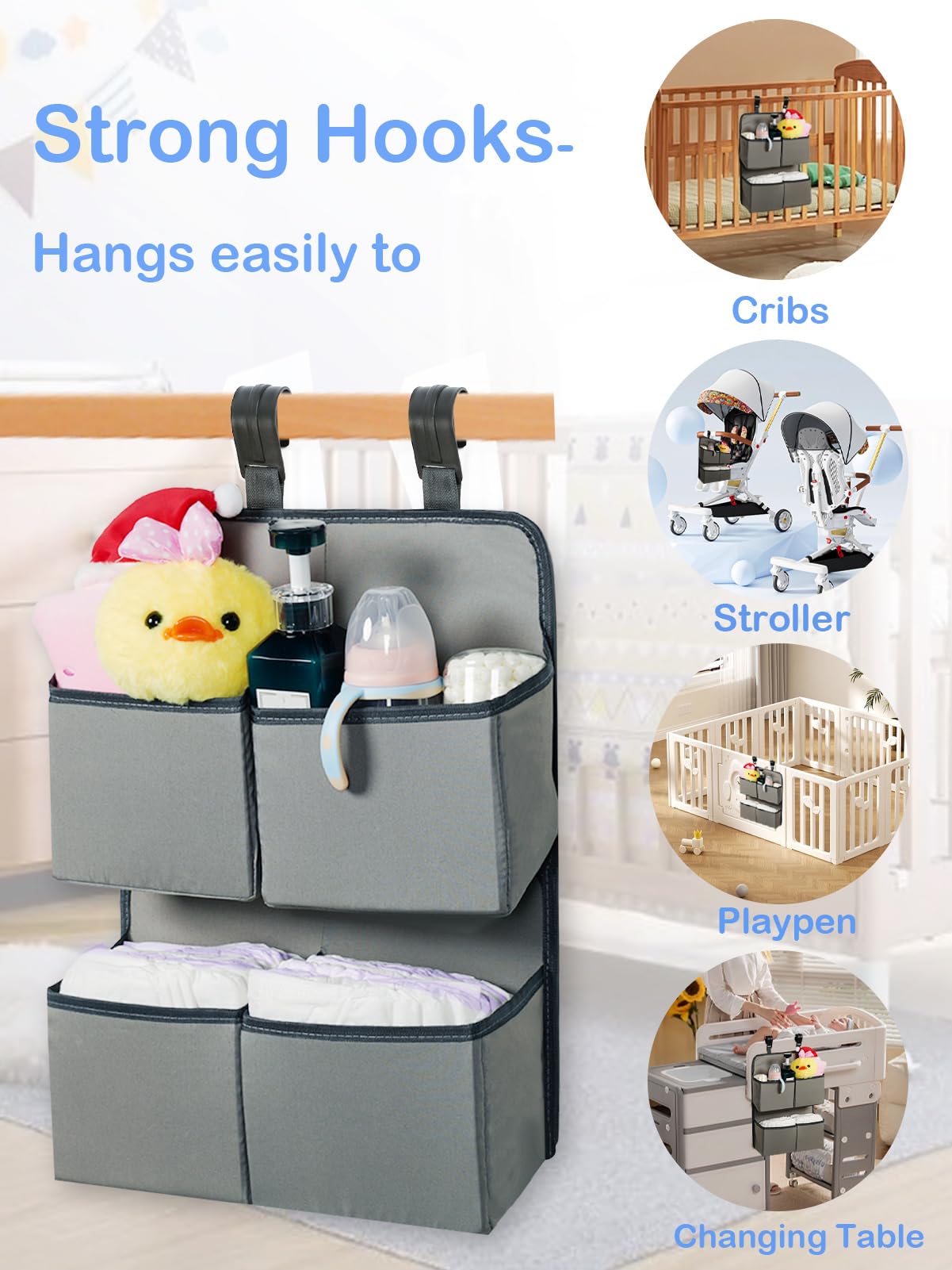 KIKJOK Hanging Diaper Organizer for Crib/Playpen/Bassinet – Hold 80+ Diapers - 4 Deep Pockets-H19in x L15 in Changing Table Diaper Holder - Hanging Diaper Stacker Nursery Caddy Organizer - Grey