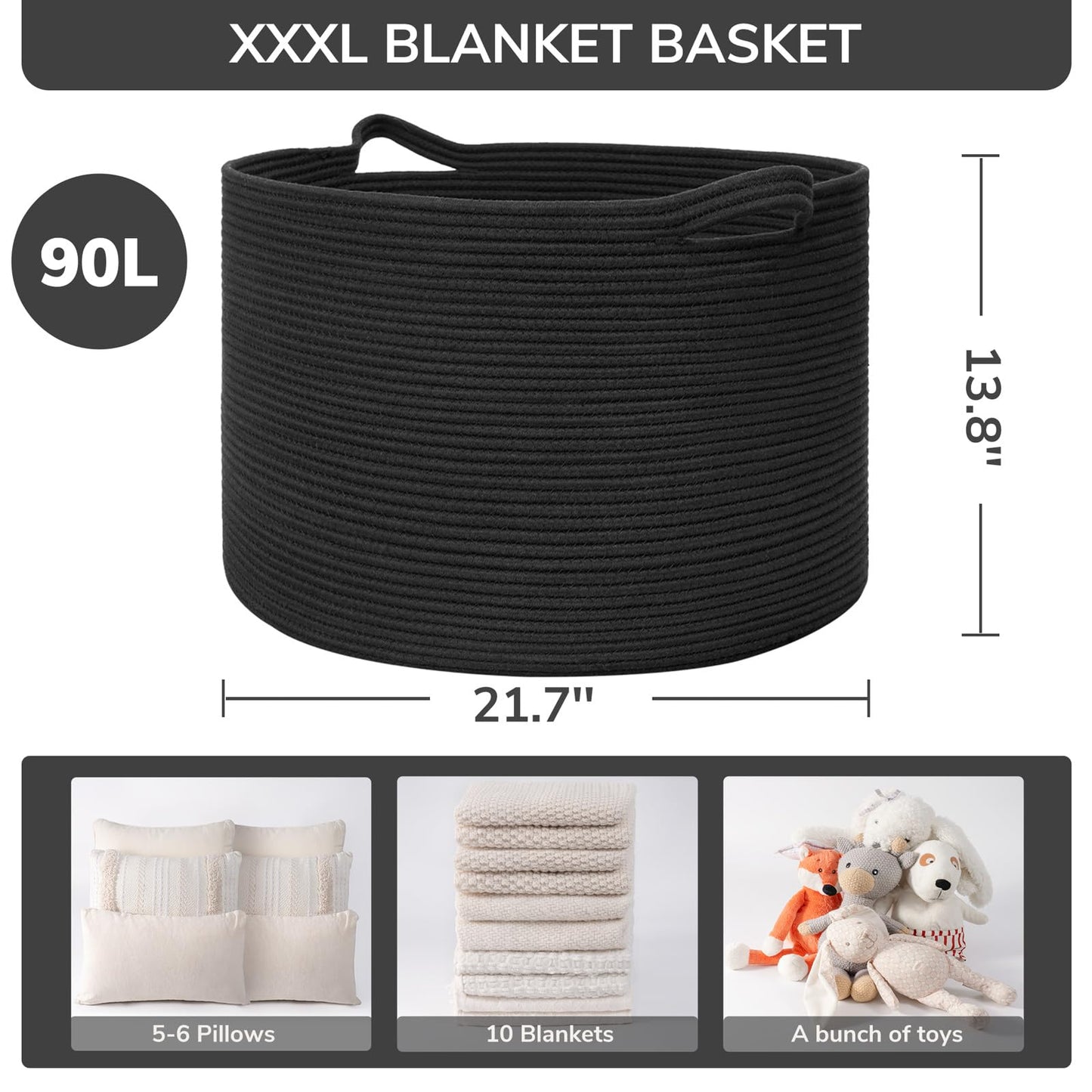 INDRESSME XXXLarge Blanket Basket 21.7" x 21.7" x 13.8" Woven Storage Baskets Soft Cotton Rope Toy Baskets Storage Kids Decorative Laundry for Home, Perfect for Living Room, Black