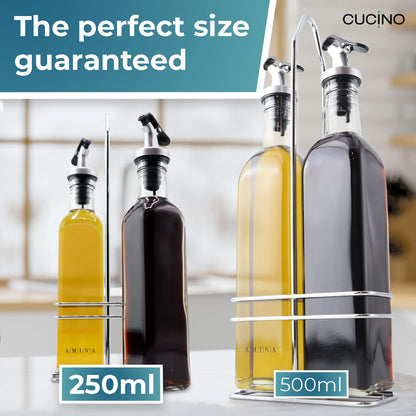 Cucino Vinegar and Oil Bottle Set - Includes Funnel and Labels - Pack of 2 Glass Bottles with Spouts, 250 ml Each - Perfect for Oliveoil