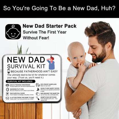 Funny New Dad Gift Set – 8-Piece First-Time Dad Kit for Baby Shower & Gender Reveal – Includes Socks, Decision Coin, Keychain, Guide Card, Wristband & More – Unique Gift for Expecting Fathers!