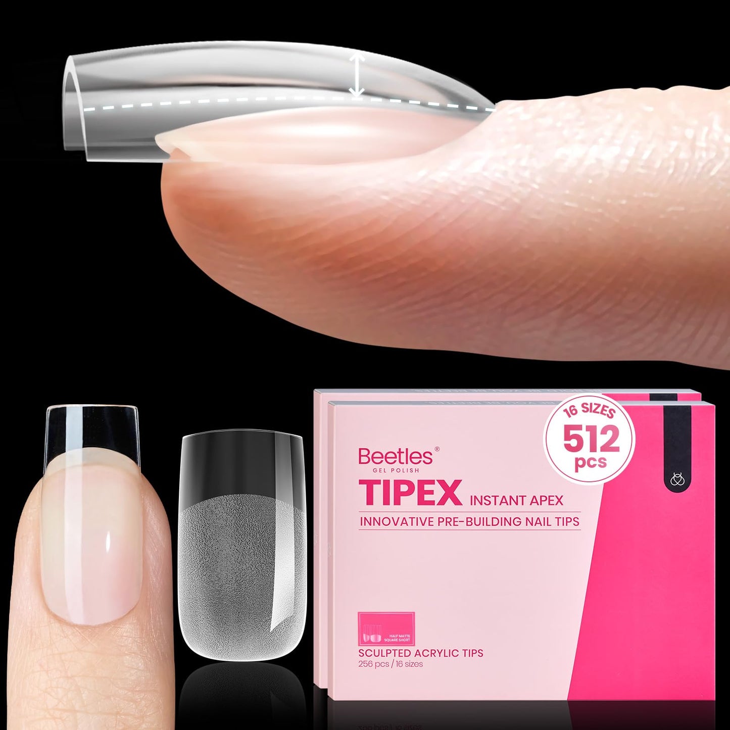 Beetles Tipex Gel Nail Kit, Medium Almond Nail Tips 224 Pcs 16 Sizes Pre-Building Pre-Etched Thick Acrylic Tips with Tipex Glue, Mini Lamp