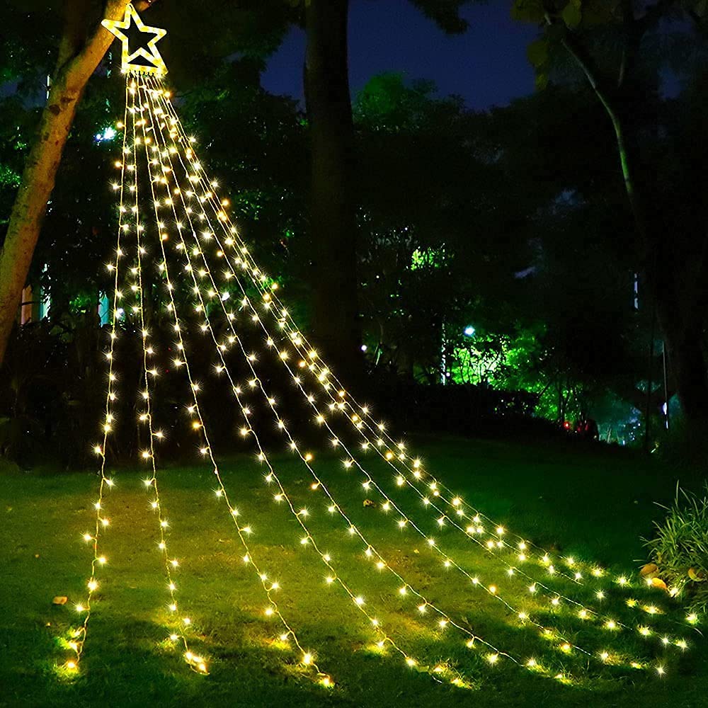 MUYUN Waterfall Christmas String Lights with 317 LED Star Hanging Twinkle Fairy Curtain Lights for Party Wedding Patio Indoor Outdoor Decorative Water Flow Lights