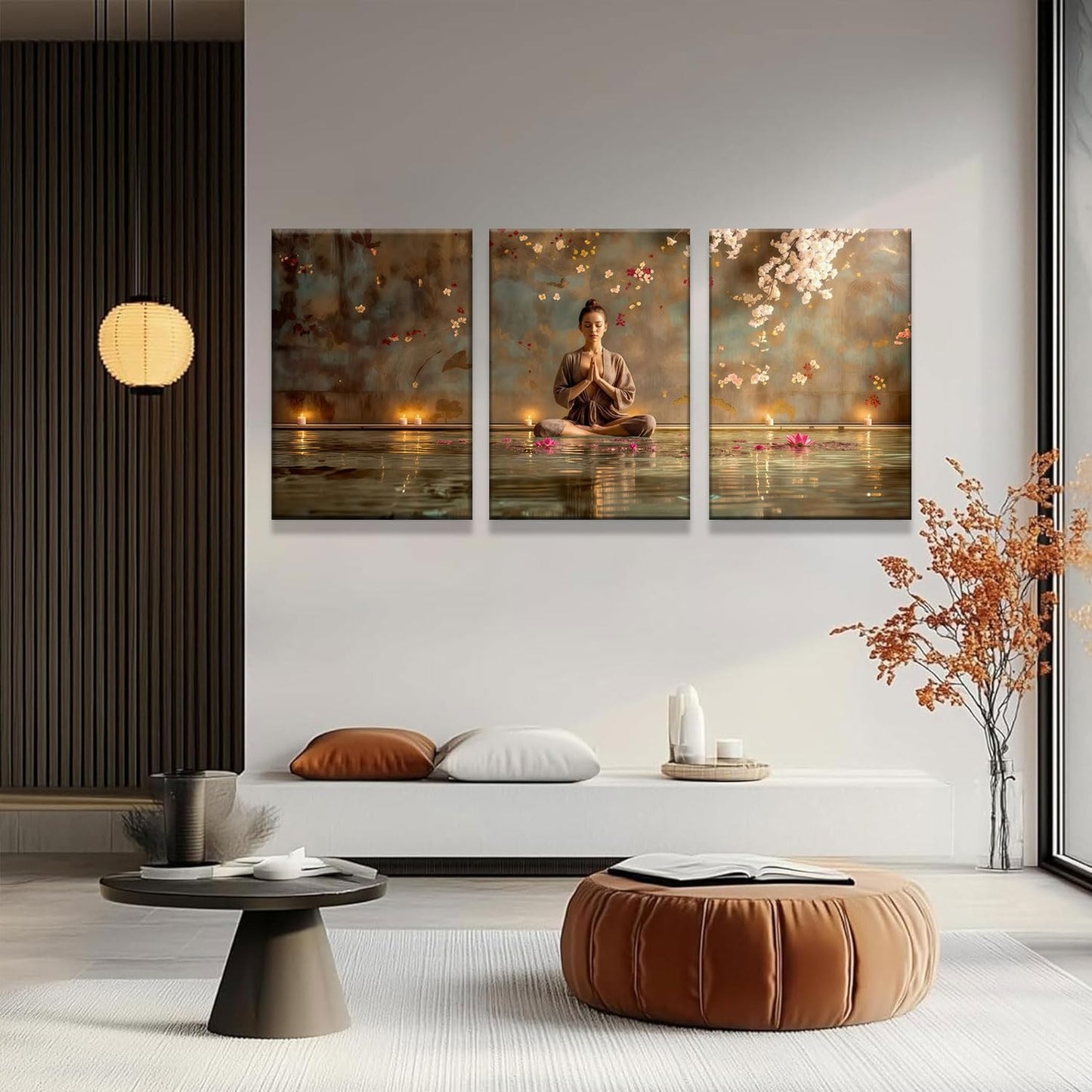 Framed Abstract Yoga and Meditation Wall Art 3 Piece Set - Living Room Yoga Studio Spa Meditation Buddha and Floating Lotus Wall Decoration with Candles and Cherry Blossoms, Serene Woman Unstressing, For Home, Office, Bedroom, Multi-coloured Contemporary