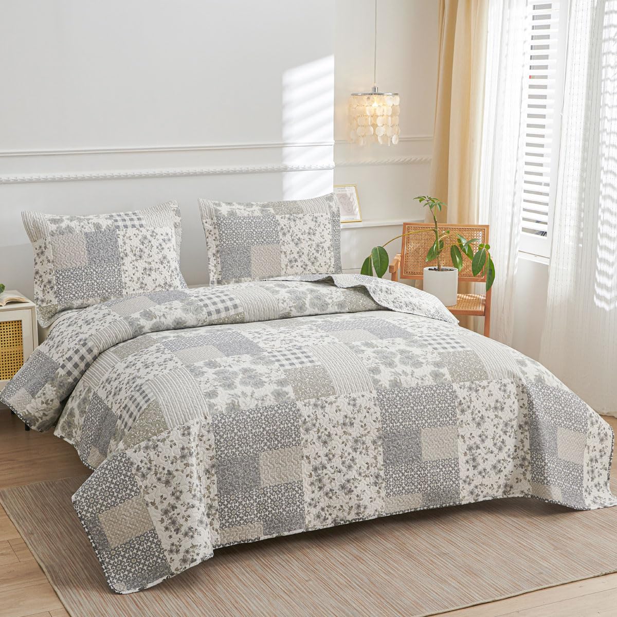 Green Essen Grey White Floral Plaid Quilt Twin Size Lightweight Patchwork Bedspread Soft Breathable Check Quilts Gingham Bedding Checker Pattern Coverlet Bed Cover Set Geometric Home Decor