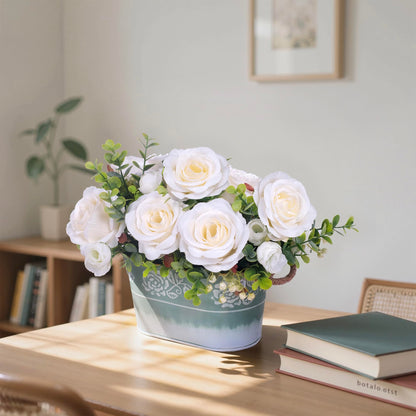 Artificial Rose Flower Arrangement for Table Centerpiece, Farmhouse White Silk Flowers with Eucalyptus in Rustic Galvanized Metal Po Faux Floral Centerpiece for Dining Table, Home, Office Décor