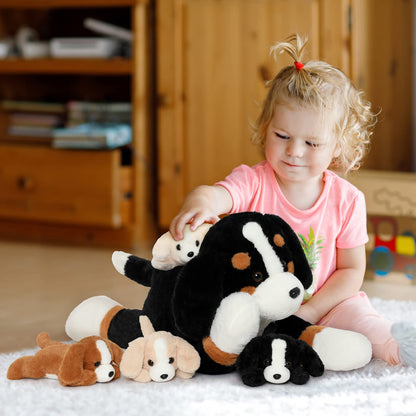 MorisMos Dog Teddy Stuffed Animal, 60cm Cuddly Mommy Dog with 4 Babies Puppy Inside Kawaii Giant Dog Plush Soft Toy Gift for Kids Birthday Valentines Deco