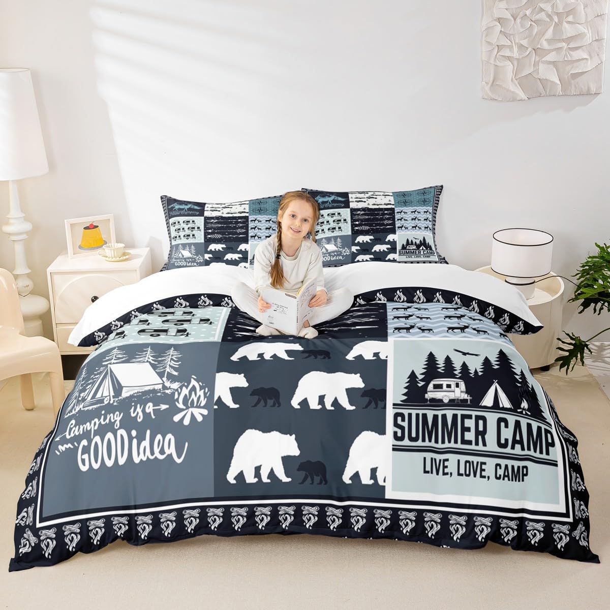 Camping Camper Duvet Cover Set Queen,Classic Lattice Bedding Set 3pcs for Kids Teens Adults Room Decor,Bear Deer Wild Animal Comforter Cover Rustic Farmhouse Blue Quilt Cover with 2 Pillowcases
