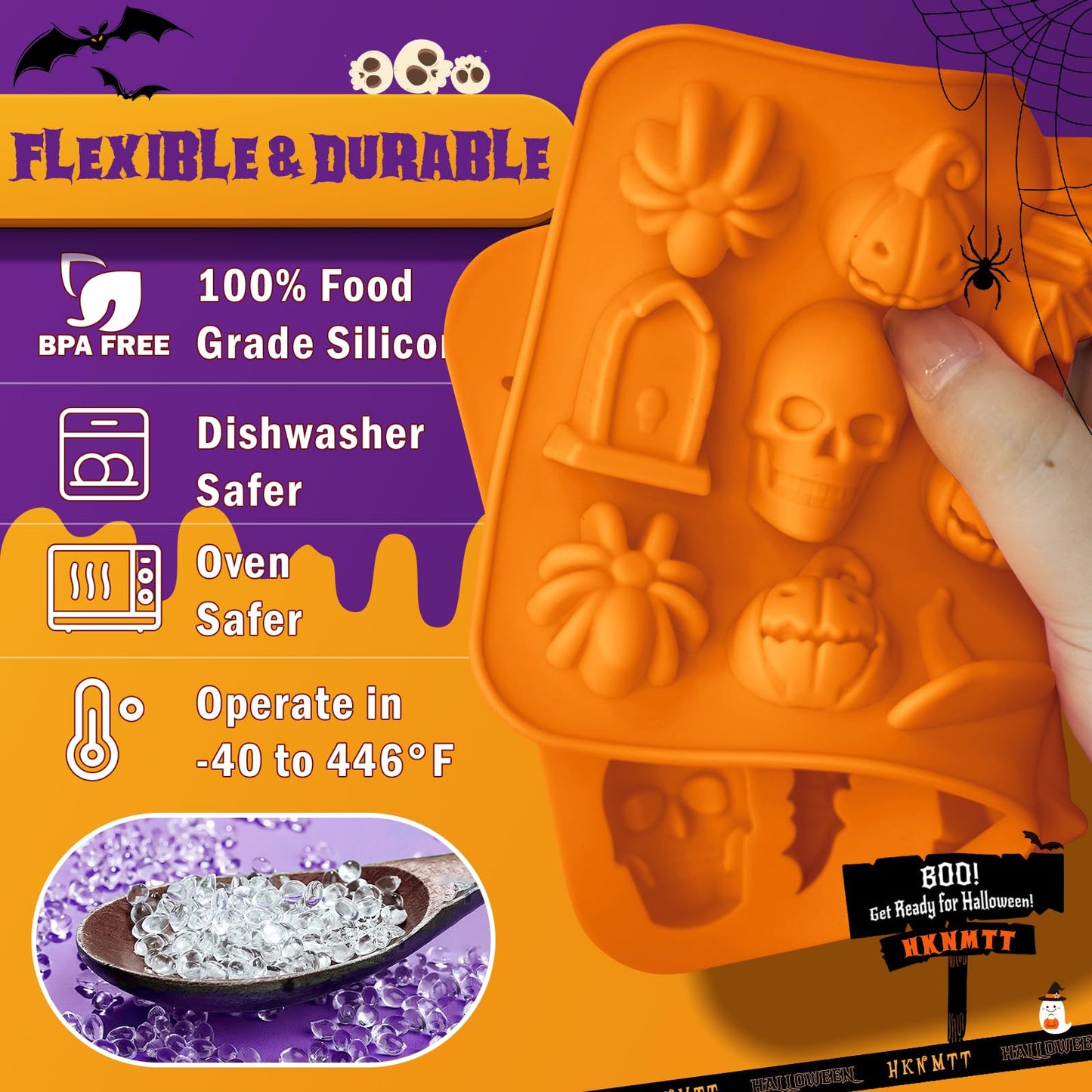 Halloween Molds Silicone for Chocolate 3 Pack, 3D Halloween Chocolate Candy Gummy Mold Skull Pumpkin Bat Ghost Witch Hat Spider tombstone Shapes Mold