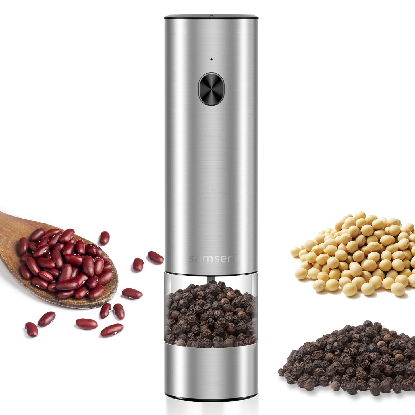 Electric Pepper Grinder & Salt Mill - Battery Operated Stainless Steel Body with Transparent Container LED Light One-Hand Operation Push-Button Switch Adjustable Coarseness Easy Refill & Clean