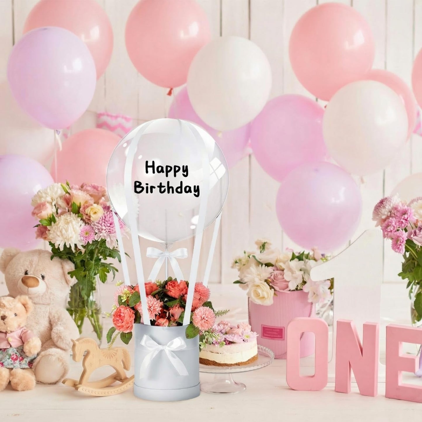 Soulchen DIY Hot Air Balloon Christmas Surprise Gift Box with 20'' Bubble Bobo Balloon Ribbon and Floral Clay for Christmas Wedding Bridesmaids Birthday Anniversary Baby Shower Party Decoration(Pink)