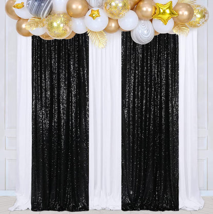 Poise3EHome Black Sequin Backdrop Curtains, 2 Panels 2FTx8FT Glitter Photo Booth Backdrop for Halloween Birthday Bachelorette Wednesday Twilight Party Decorations