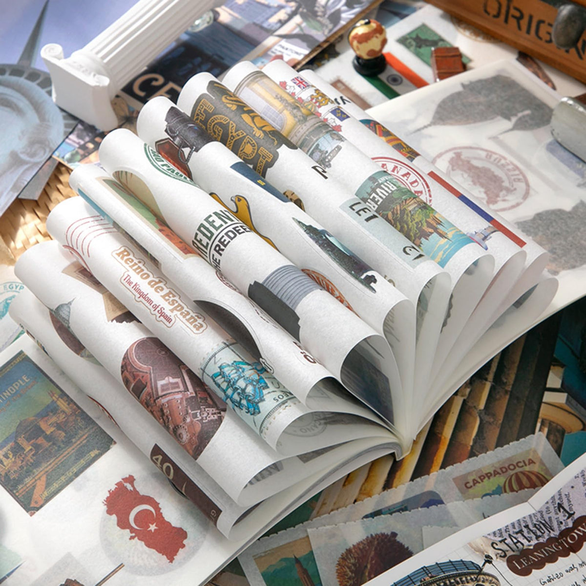 Vintage Scrapbook Stickers, Aesthetic Global Travel Sticker Book for Scrapbooking with 320+ Washi Stickers and 20 Scrapbook Papers, Journaling Supplies, Ephemera for Junk Journals DIY Arts Crafts