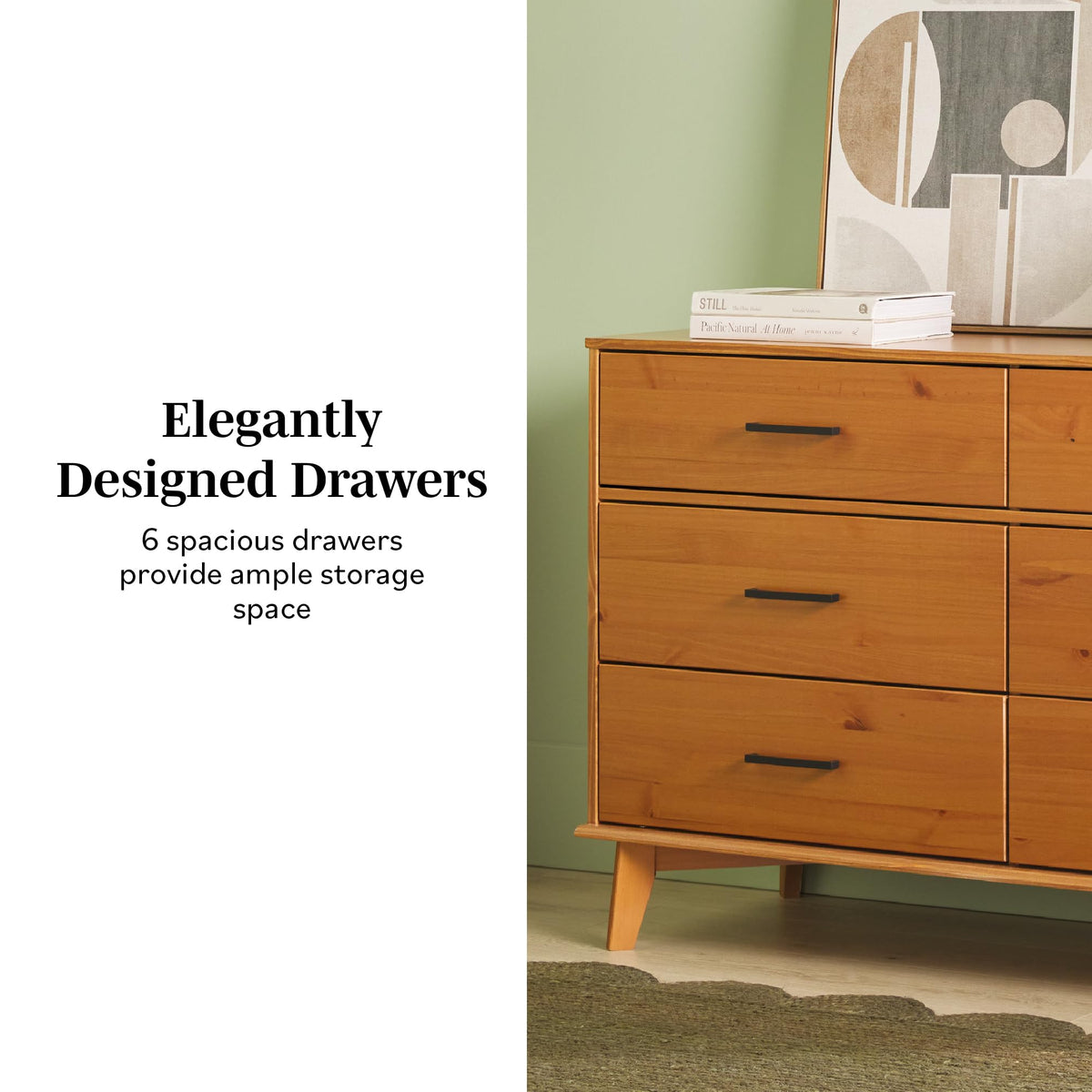 Walker Edison Sloane 6-Drawer Solid Wood Dresser with Metal Handles, 52 Inch, Caramel