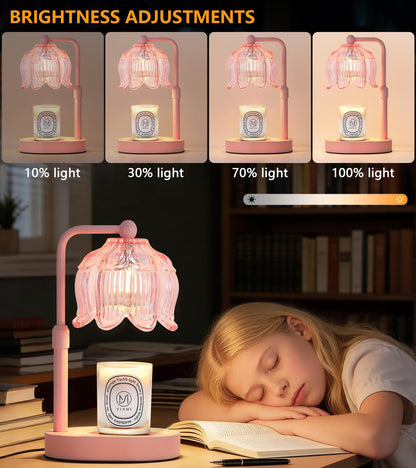 MEIXISUE Pink Flower Candle Warmer Lamp with Timer Dimmer, Adjustable Height No Flame Wax Warmer for Jar Candles, Ideal Gifts for Mom Women, ‌Housewarming New Home Bedroom Decor with 2 Bulbs
