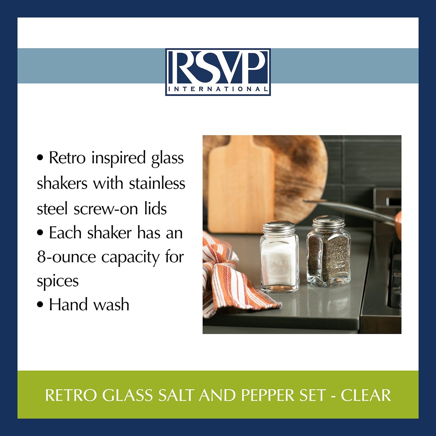 RSVP International Jumbo Retro Glass Salt & Pepper Shaker, Screw On Stainless Steel Lid, Each Shaker Holds 8 Ounces, Clear, 2.25x2.25x4.3, 2 Piece