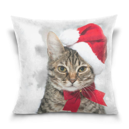 ALAZA Double Sided Christmas Cat Red Santa's Hat Cotton Velvet Square Pillow Slipcovers 20x20 Inch Decorative for Chair Auto Seat