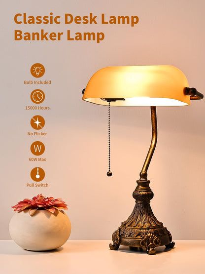 Newrays Vintage Amber Glass Bankers Desk Lamp for Home Office,Library with Pull Chain Switch Plug in Fixture, LED Bulb Included