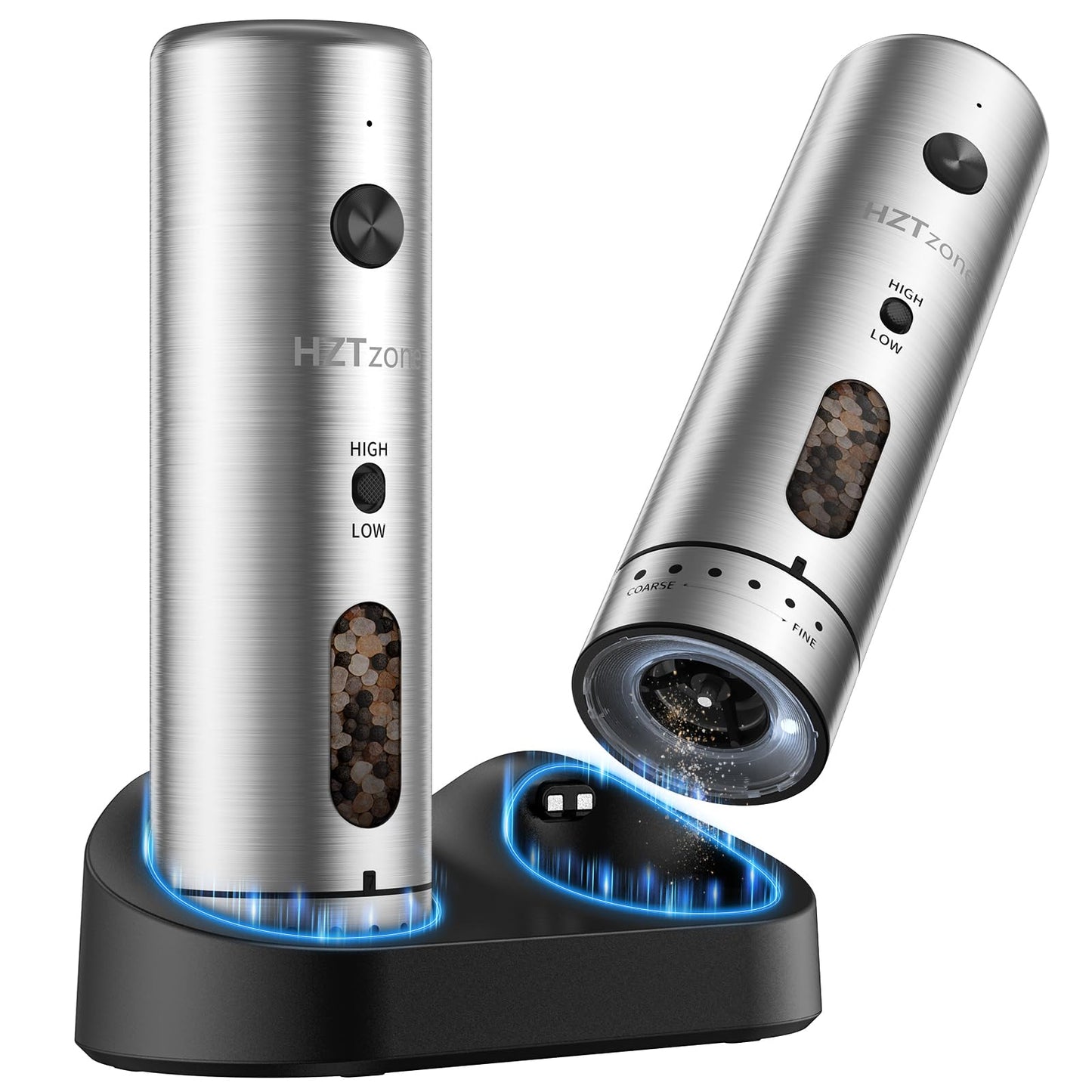 Electric Salt and Pepper Grinder Set with Charging Base, Rechargeable, 6 Coarseness Levels, 2 Speeds, LED Light, One-Touch Operation, Arthritis Friendly, Rust-Free Ceramic Core, Dust Caps, 2 Grinders