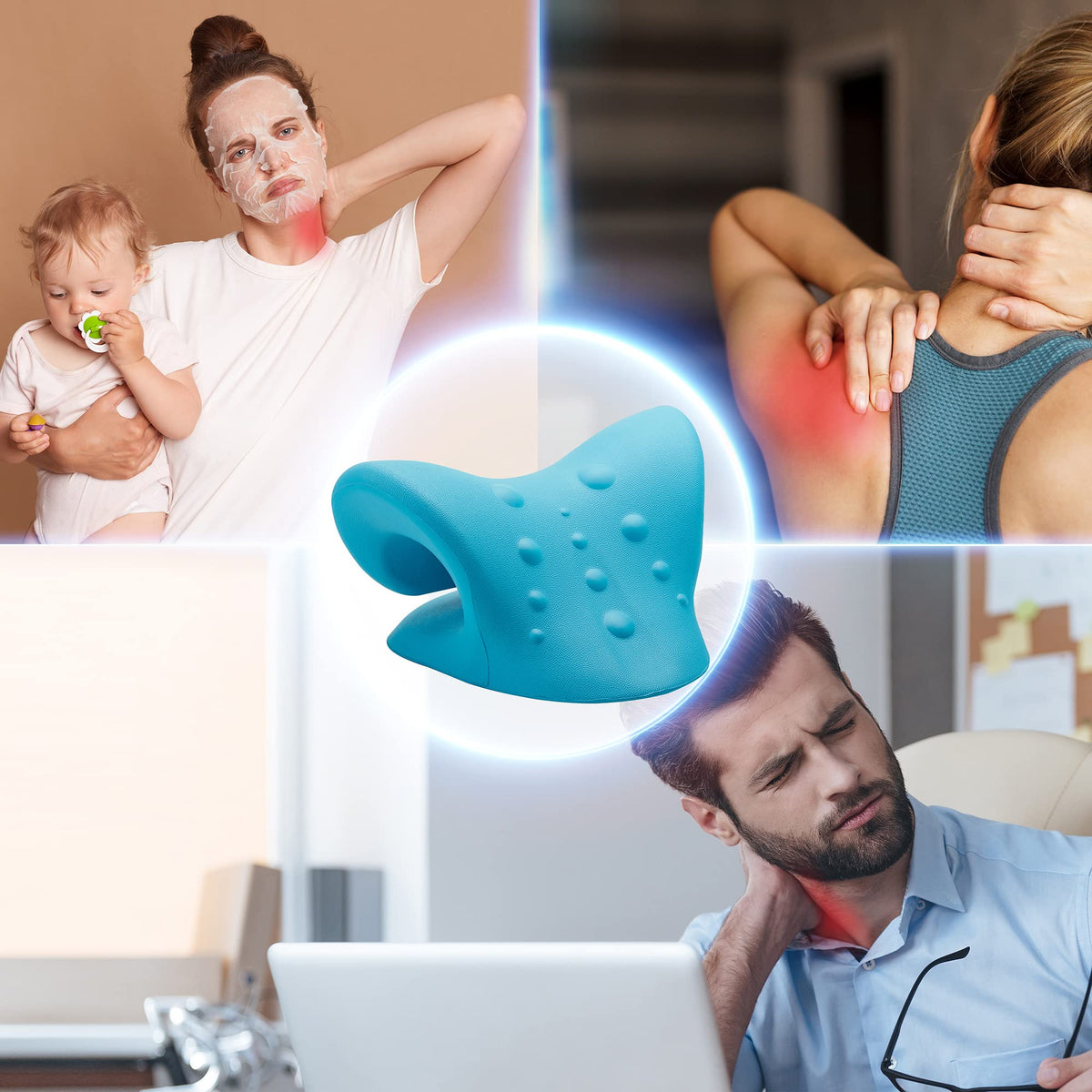 Neck Stretcher Cervical Traction, FSA HSA Eligible, Neck and Shoulder Relaxer for Pain Relief, Ergonomic Neck Pillow, Neck Hump Corrector, Cervical Spine Alignment, Neck Curve Corrector (Light Blue)
