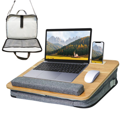 AMFIYQ Lap Desk for Laptop Stand with Cushion, Adults with Storage Fits Up to 15.6in, Combines Features Bag and Pillow Table by Travel, Portable Workstation for Home College Office(Light Brown)