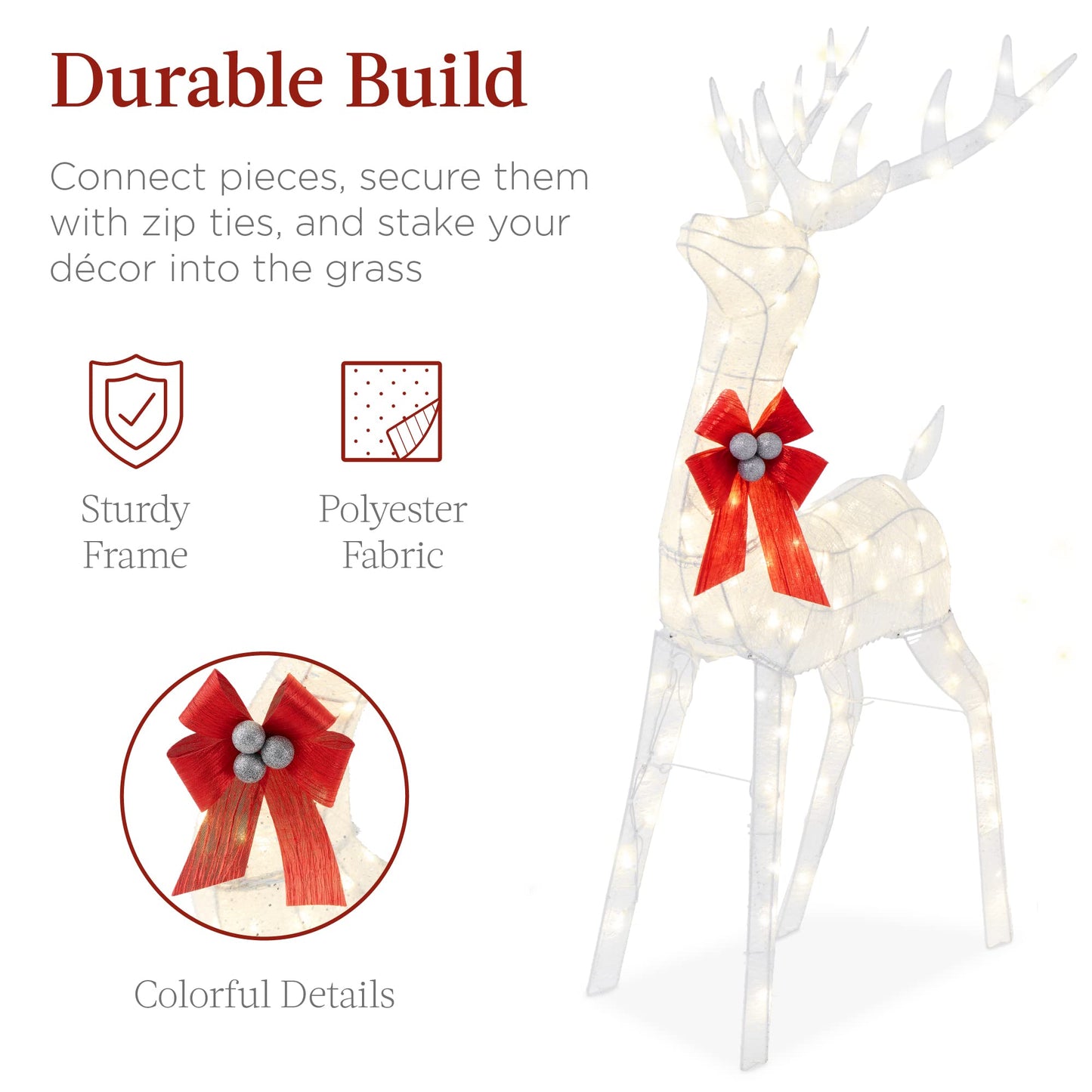 Best Choice Products Lighted Christmas 4ft Reindeer & Sleigh Holiday Outdoor Yard Decoration Set w/ 205 LED Lights, Stakes, Zip Ties - White