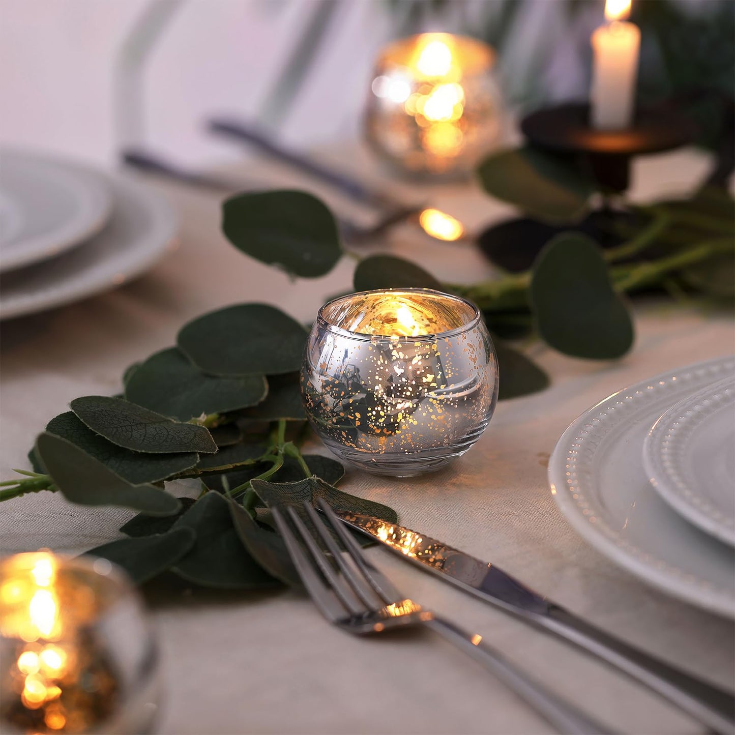 LAMORGIFT Silver Votive Candle Holders Set of 12 - Mercury Glass Votives Candle Holder - Christmas Tealight Candle Holder for Home Decor and Weddings/Parties Table Centerpieces