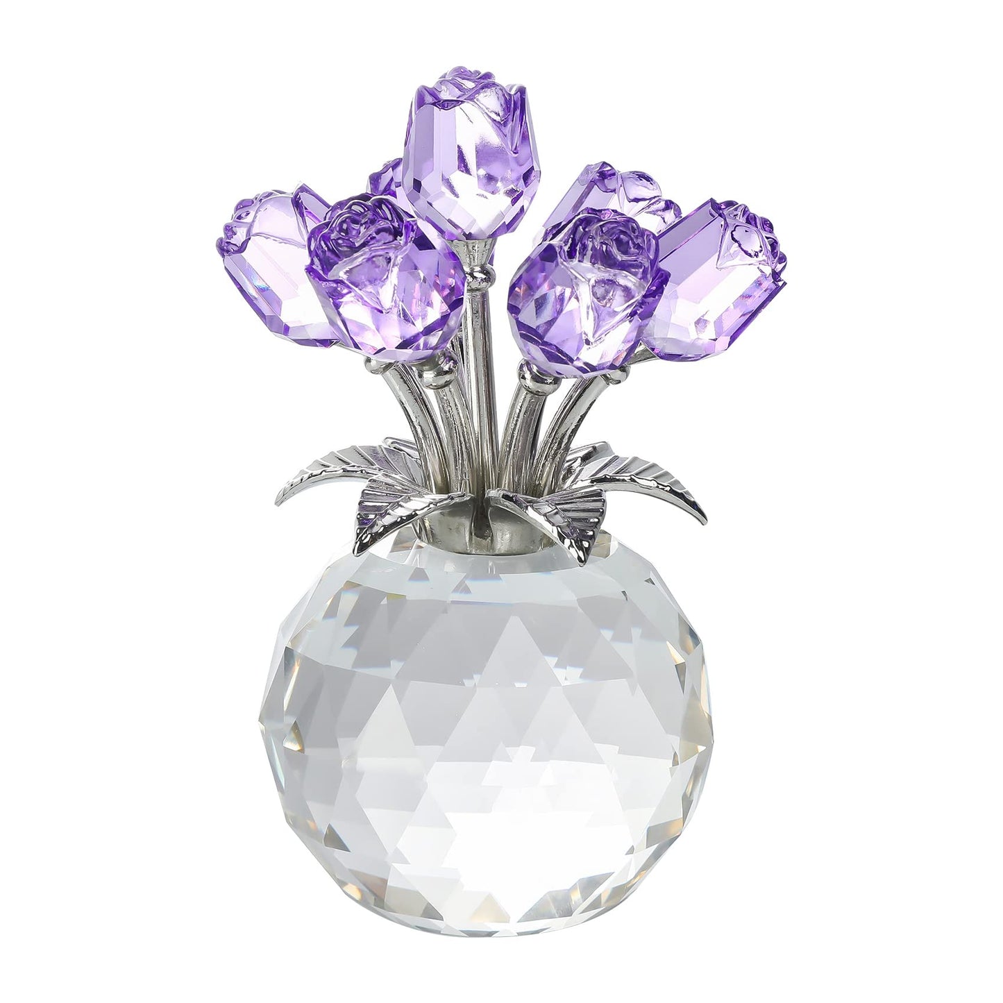 Purple Rose Flower Crystal Figurine with Vase, Bouquet Flowers Ornament Gifts for Wife Girlfriend Women , Handmade Crystal Flower Collectible Home Table Decor for Valentine's Day Wedding Anniversary