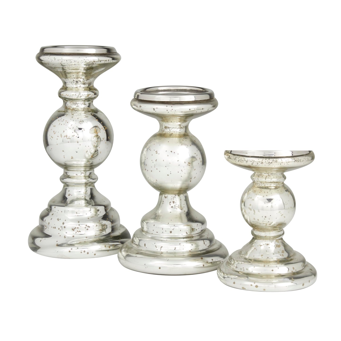 Deco 79 Glass Decorative Candle Holder Turned Style Pillar Candle Stand, Set of 3 Candlestick Holder 10", 8", 6"H, Silver
