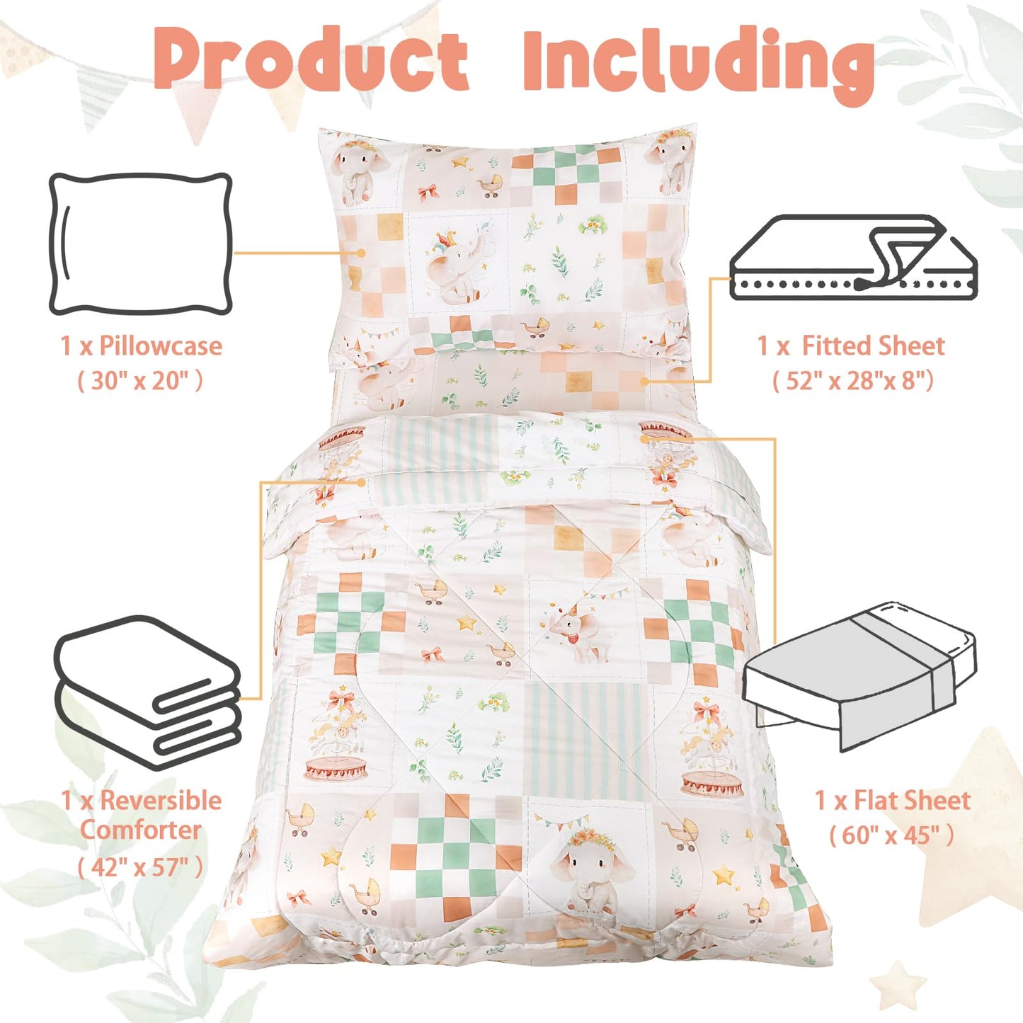 SWESEN Toddler Bedding Set for Girls, Toddler Girls Bedding Set, Soft & Lightweight 4 Piece Toddler Comforter Sets Include Comforter, Flat Sheet, Fitted Sheet, Pillowcase, Elephant