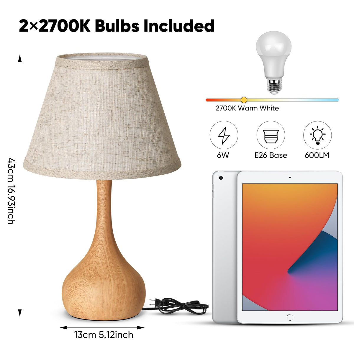 17” Touch Table Lamp for Bedroom Set of 2, 3-Way Dimmable Bedside Lamp for Nightstand, Rustic Metal Desk Lamp with Linen Shade for Living Room, Kids Reading, Dorm, Home Office Decor, Bulb Included