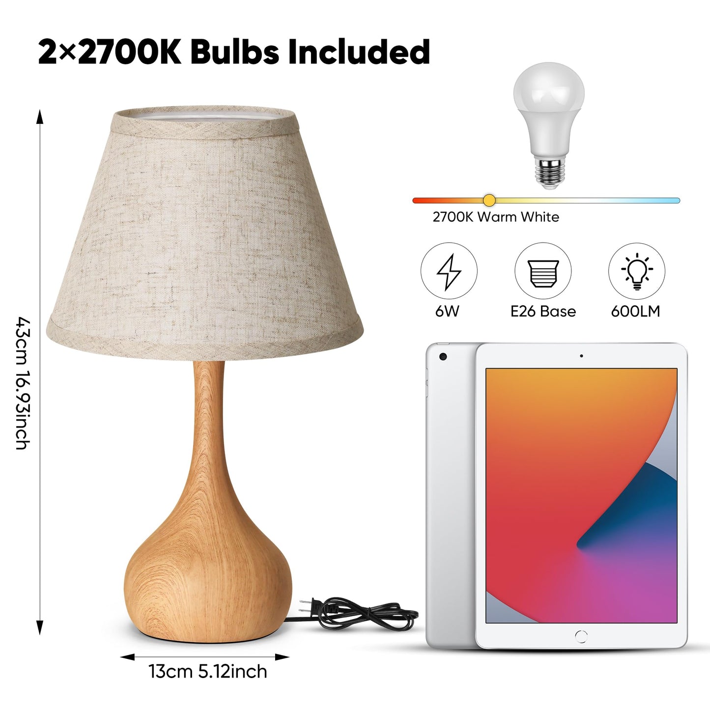 17” Touch Table Lamp for Bedroom Set of 2, 3-Way Dimmable Bedside Lamp for Nightstand, Rustic Metal Desk Lamp with Linen Shade for Living Room, Kids Reading, Dorm, Home Office Decor, Bulb Included