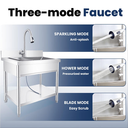 31 Inch Laundry Room Stainless Steel Utility Sink Single Bowl, with Retractable Hot & Cold Faucet, Hose and Drain Kit for Daily Household Use